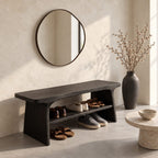 Two Shelf Live Edge Shoe Bench, Rustic Solid Wood Entryway Bench with Angled Slab Legs