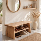 Two Shelf Live Edge Shoe Bench, Rustic Solid Wood Entryway Bench with Angled Slab Legs