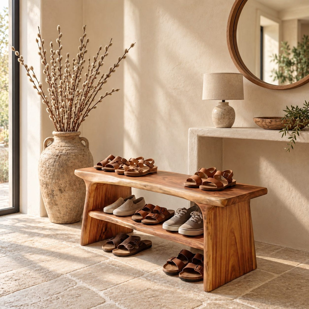 Two Shelf Live Edge Shoe Bench, Rustic Solid Wood Entryway Bench with Angled Slab Legs