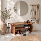 Two Shelf Live Edge Shoe Bench, Rustic Solid Wood Entryway Bench with Angled Slab Legs