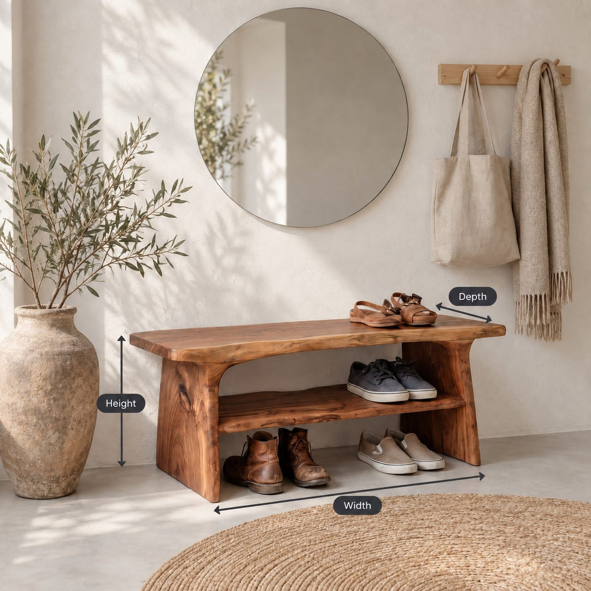 Two Shelf Live Edge Shoe Bench, Rustic Solid Wood Entryway Bench with Angled Slab Legs