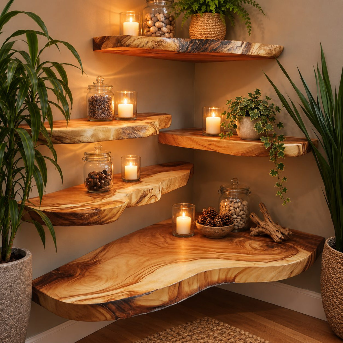Floating Shelf Live Edge, Solid Wood Organic Slab Wall Shelf with Flowing Grain for Living Room