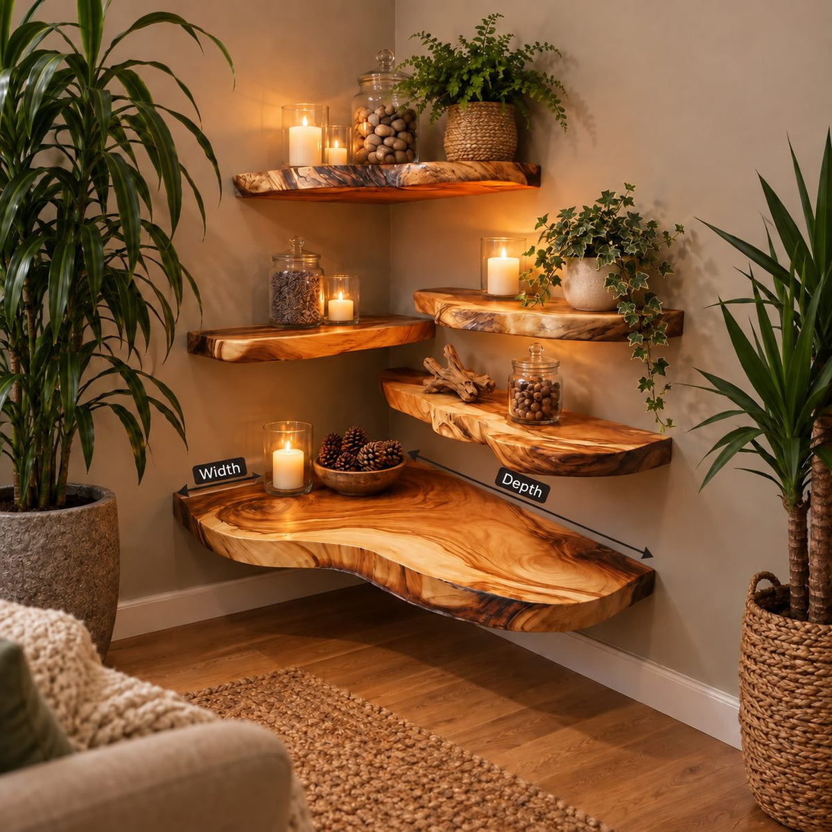Floating Shelf Live Edge, Solid Wood Organic Slab Wall Shelf with Flowing Grain for Living Room