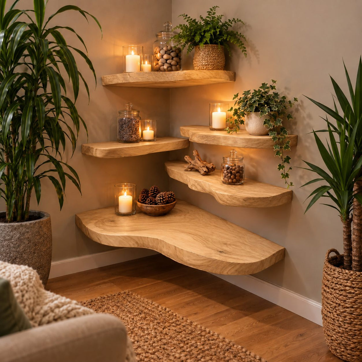 Floating Shelf Live Edge, Solid Wood Organic Slab Wall Shelf with Flowing Grain for Living Room