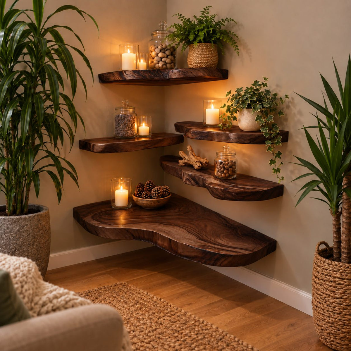 Floating Shelf Live Edge, Solid Wood Organic Slab Wall Shelf with Flowing Grain for Living Room