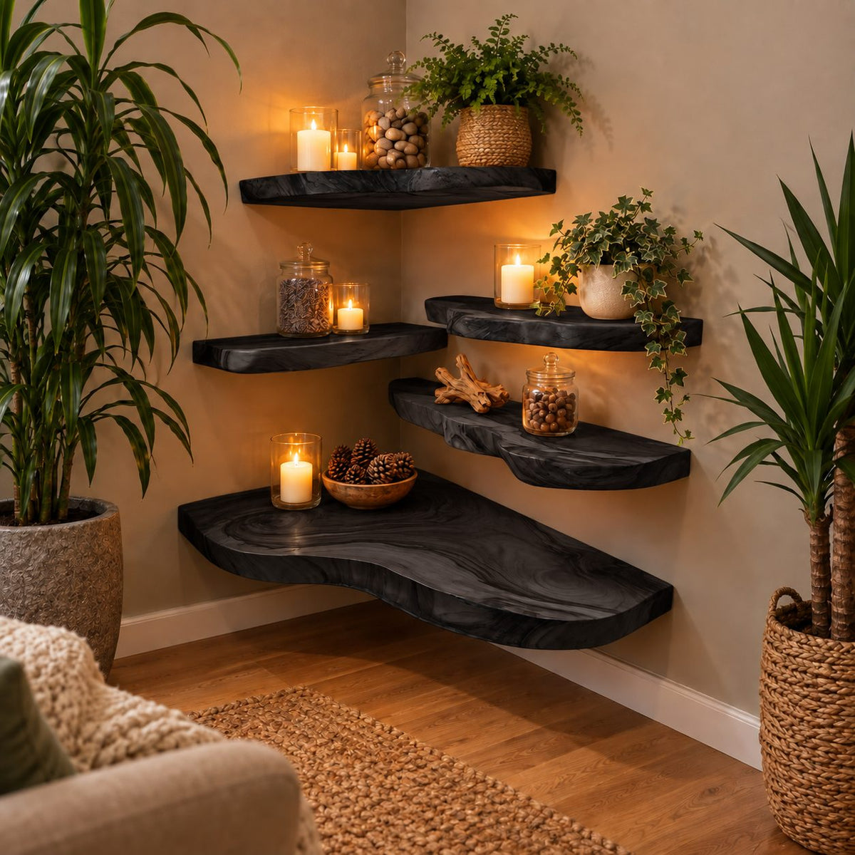 Floating Shelf Live Edge, Solid Wood Organic Slab Wall Shelf with Flowing Grain for Living Room