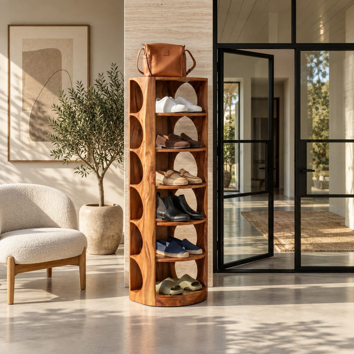 Round Front Vertical Shoe Tower, Mid Century Solid Wood Narrow Shoe Rack with Arched Cutout Sides