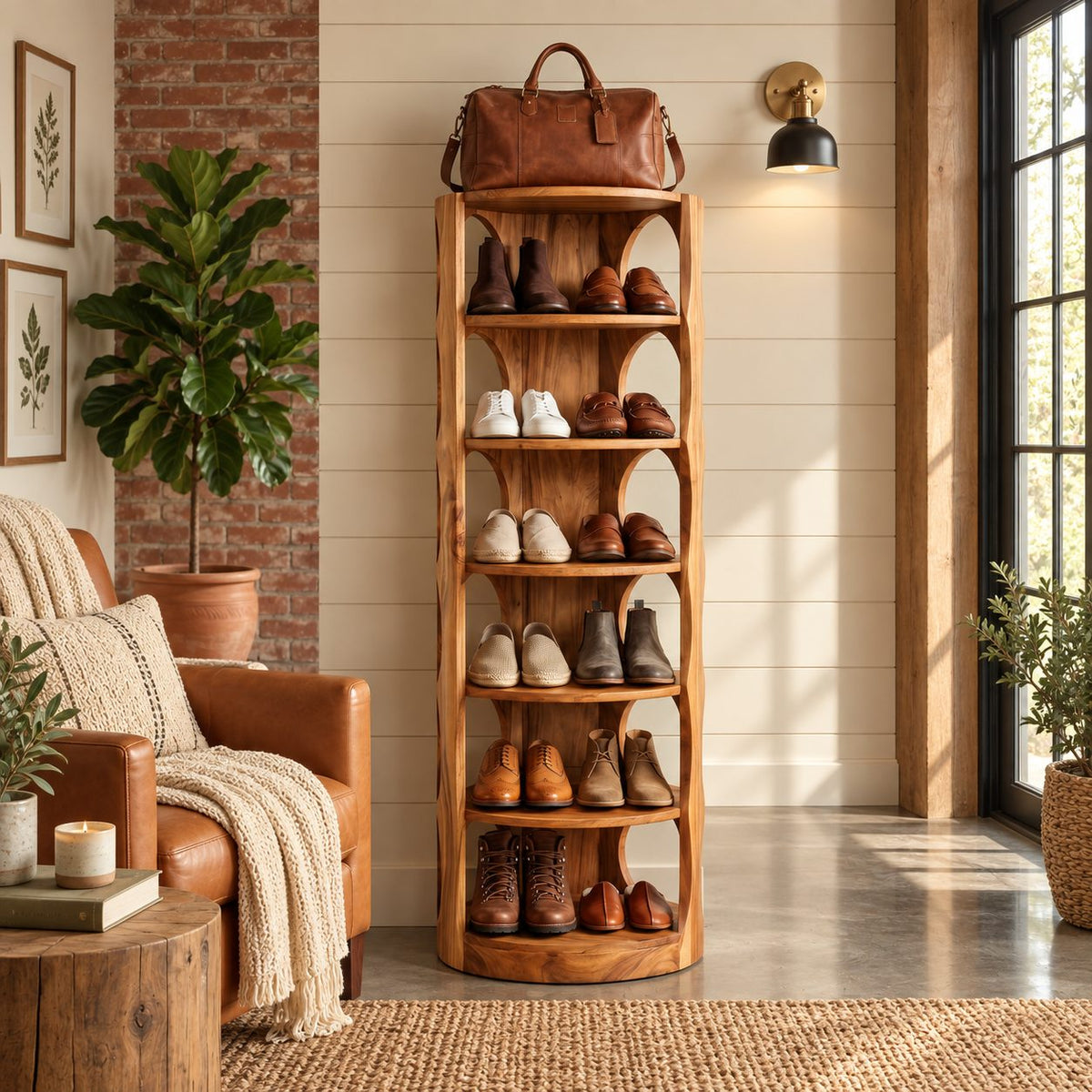 Round Front Vertical Shoe Tower, Mid Century Solid Wood Narrow Shoe Rack with Arched Cutout Sides