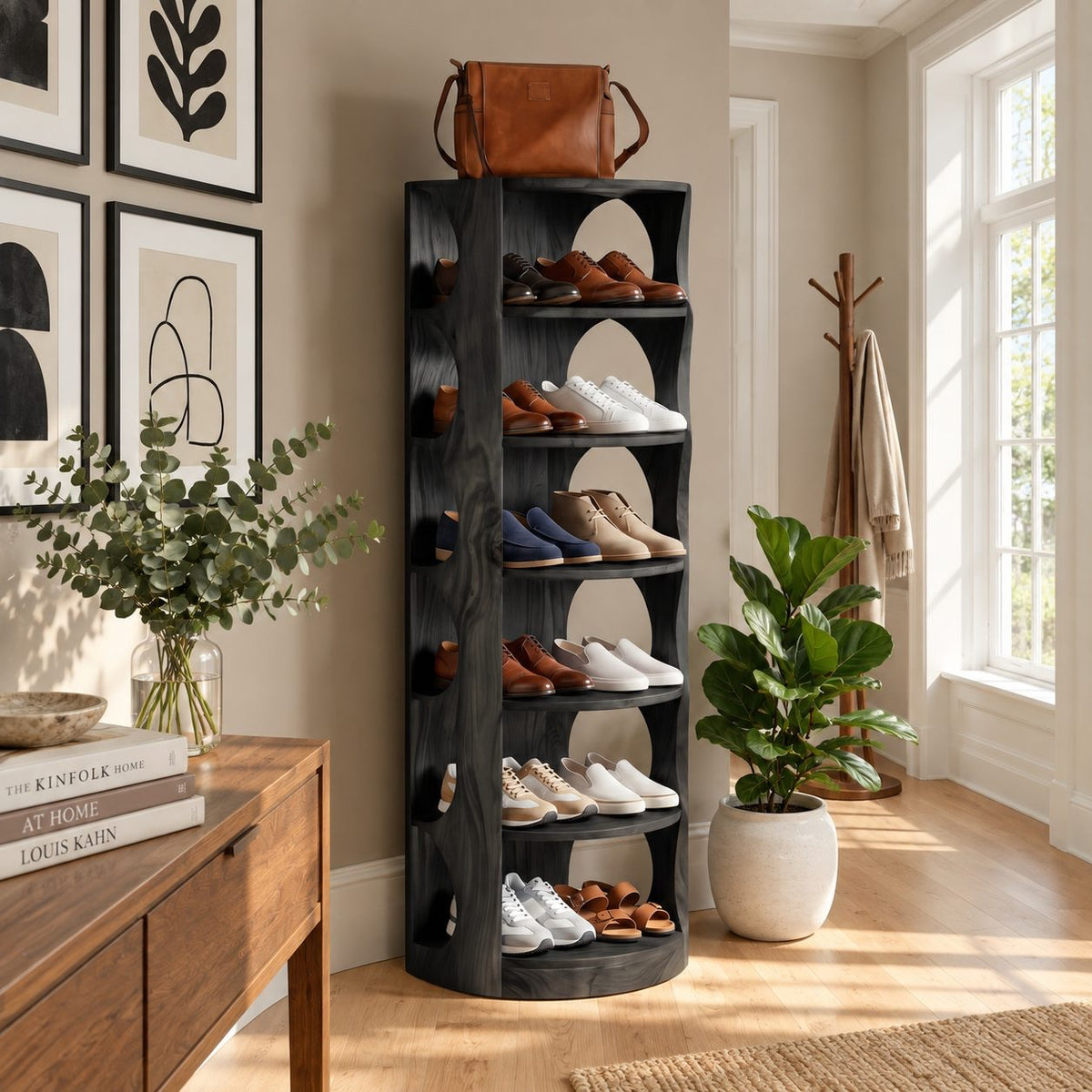 Round Front Vertical Shoe Tower, Mid Century Solid Wood Narrow Shoe Rack with Arched Cutout Sides