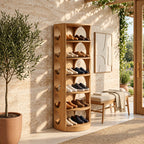 Round Front Vertical Shoe Tower, Mid Century Solid Wood Narrow Shoe Rack with Arched Cutout Sides