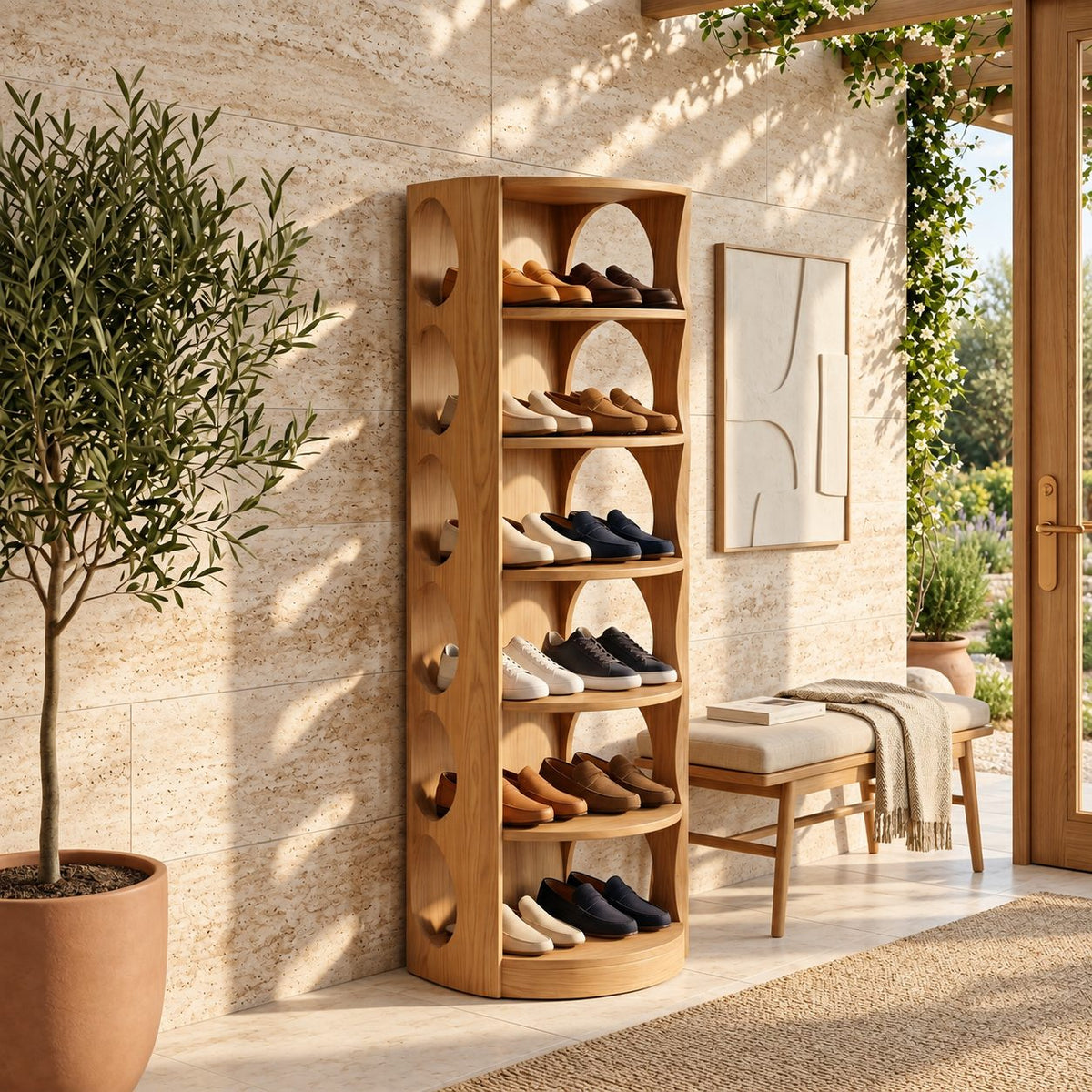 Round Front Vertical Shoe Tower, Mid Century Solid Wood Narrow Shoe Rack with Arched Cutout Sides