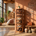 Round Front Vertical Shoe Tower, Mid Century Solid Wood Narrow Shoe Rack with Arched Cutout Sides