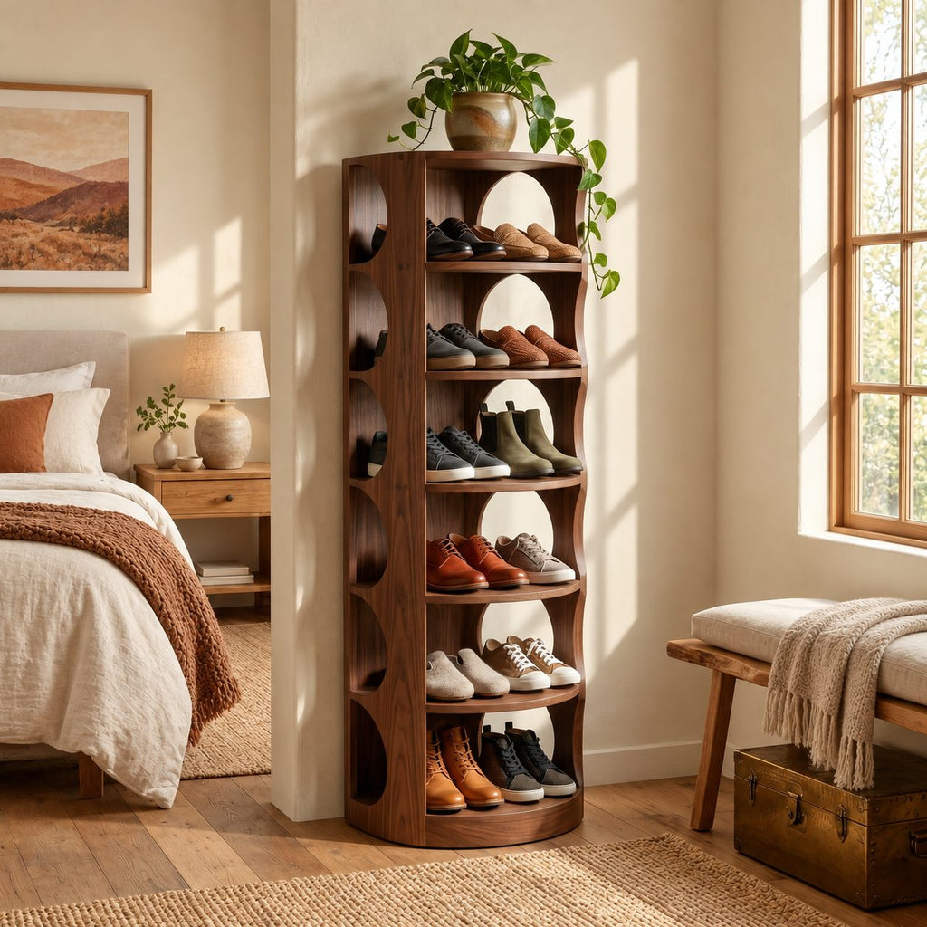 Round Front Vertical Shoe Tower, Mid Century Solid Wood Narrow Shoe Rack with Arched Cutout Sides