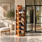 Round Front Vertical Shoe Tower, Mid Century Solid Wood Narrow Shoe Rack with Arched Cutout Sides