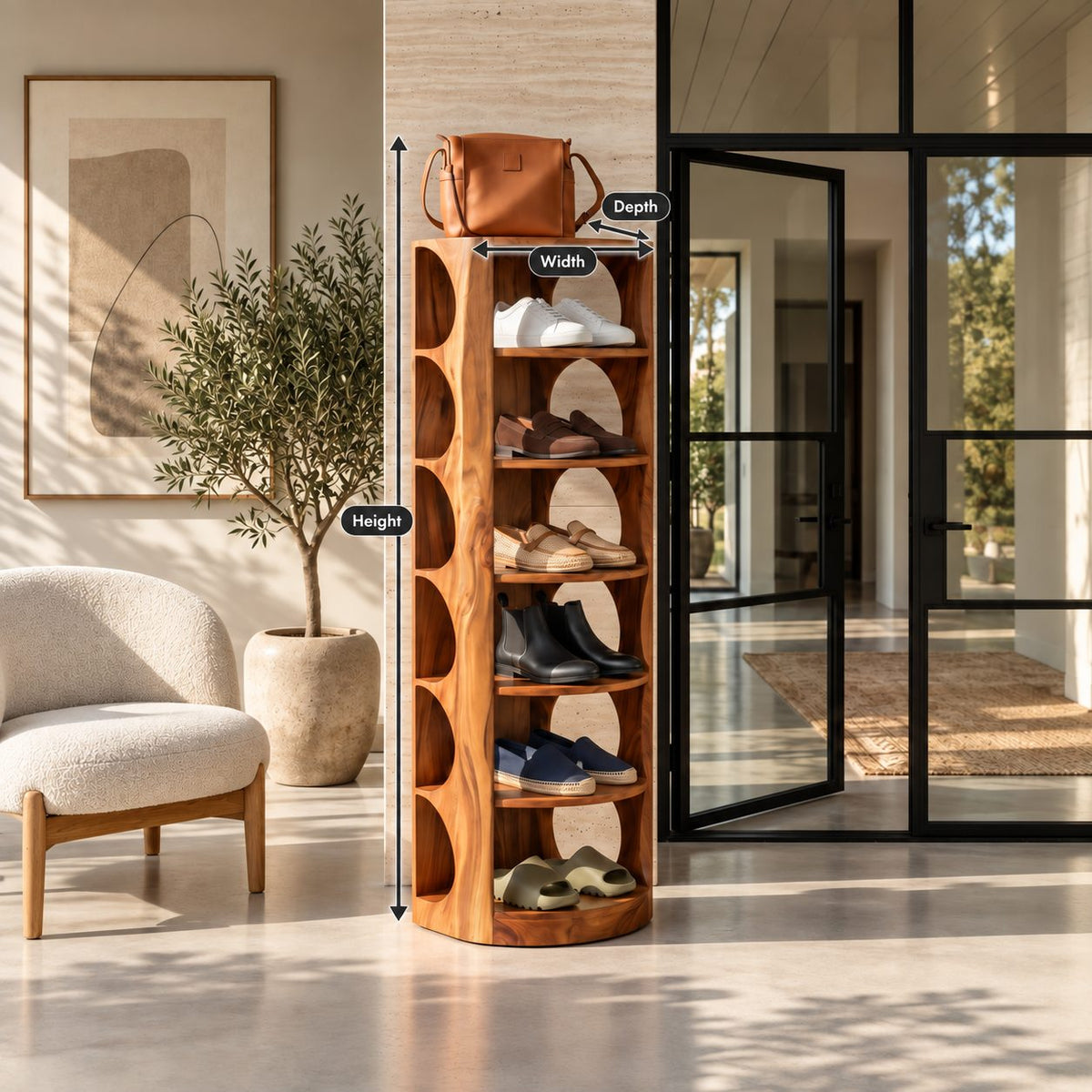 Round Front Vertical Shoe Tower, Mid Century Solid Wood Narrow Shoe Rack with Arched Cutout Sides