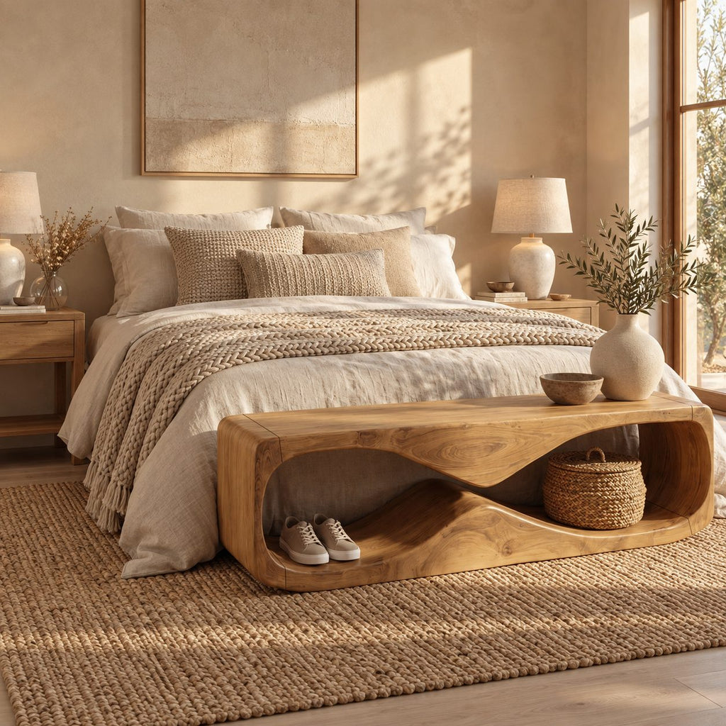 Wave Tunnel Block Bench, Sculpted Solid Wood Entryway Shoe Bench and End of Bed Bench with Open Base