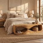 Wave Tunnel Block Bench, Sculpted Solid Wood Entryway Shoe Bench and End of Bed Bench with Open Base