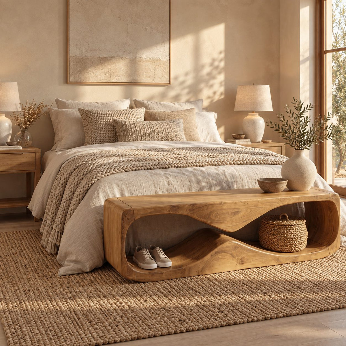 Wave Tunnel Block Bench, Sculpted Solid Wood Entryway Shoe Bench and End of Bed Bench with Open Base