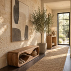 Wave Tunnel Block Bench, Sculpted Solid Wood Entryway Shoe Bench and End of Bed Bench with Open Base