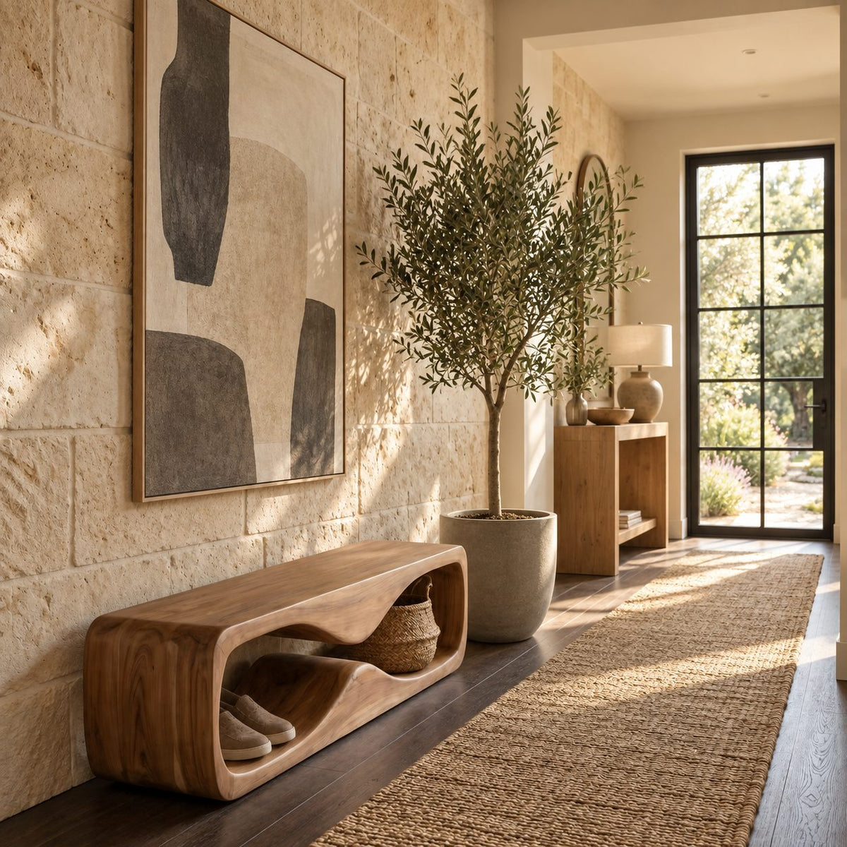 Wave Tunnel Block Bench, Sculpted Solid Wood Entryway Shoe Bench and End of Bed Bench with Open Base