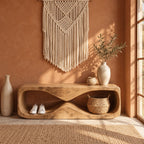 Wave Tunnel Block Bench, Sculpted Solid Wood Entryway Shoe Bench and End of Bed Bench with Open Base