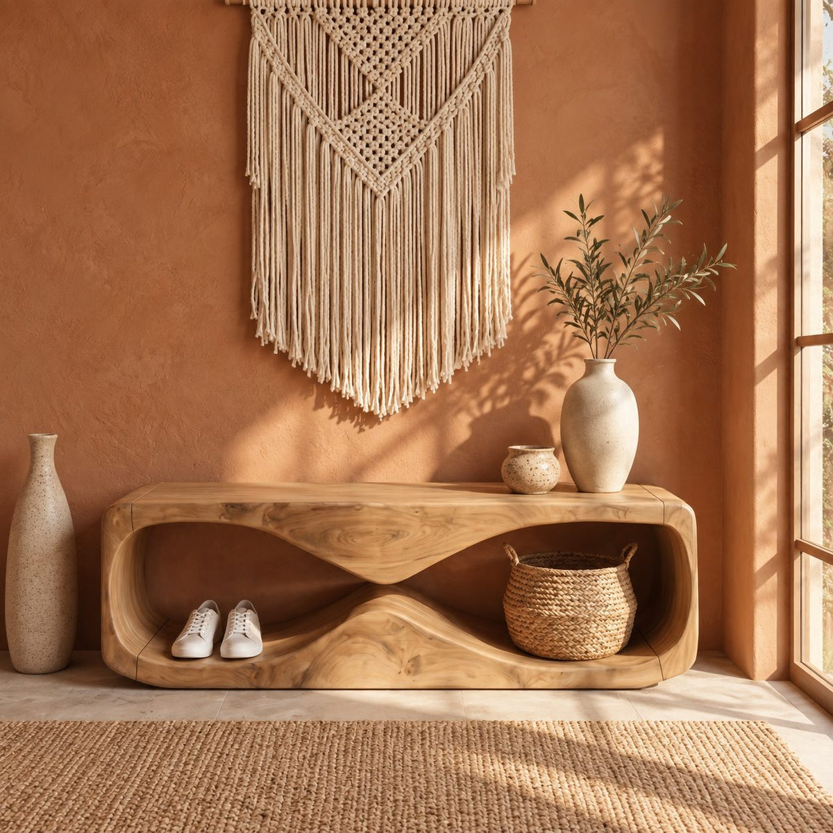 Wave Tunnel Block Bench, Sculpted Solid Wood Entryway Shoe Bench and End of Bed Bench with Open Base