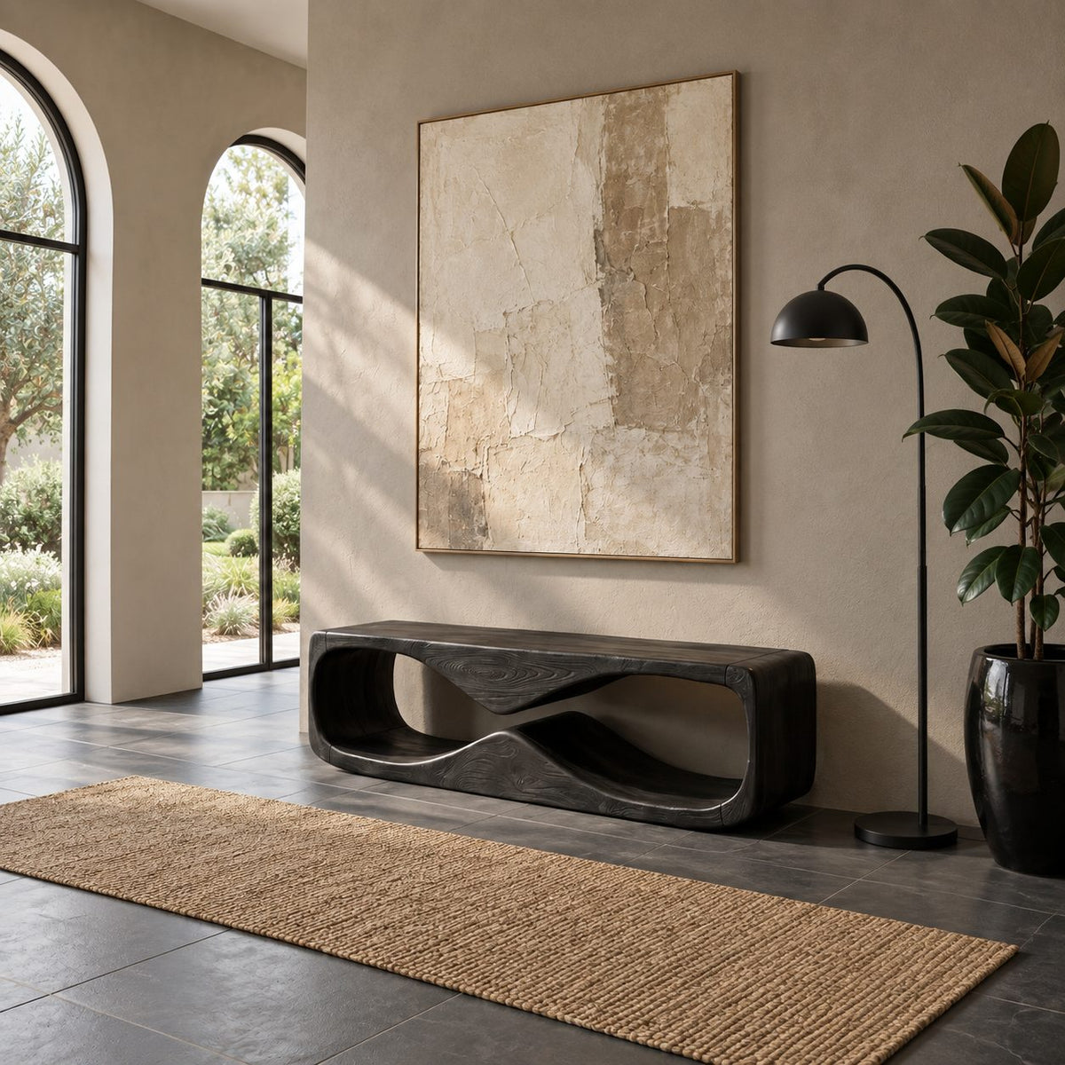 Wave Tunnel Block Bench, Sculpted Solid Wood Entryway Shoe Bench and End of Bed Bench with Open Base