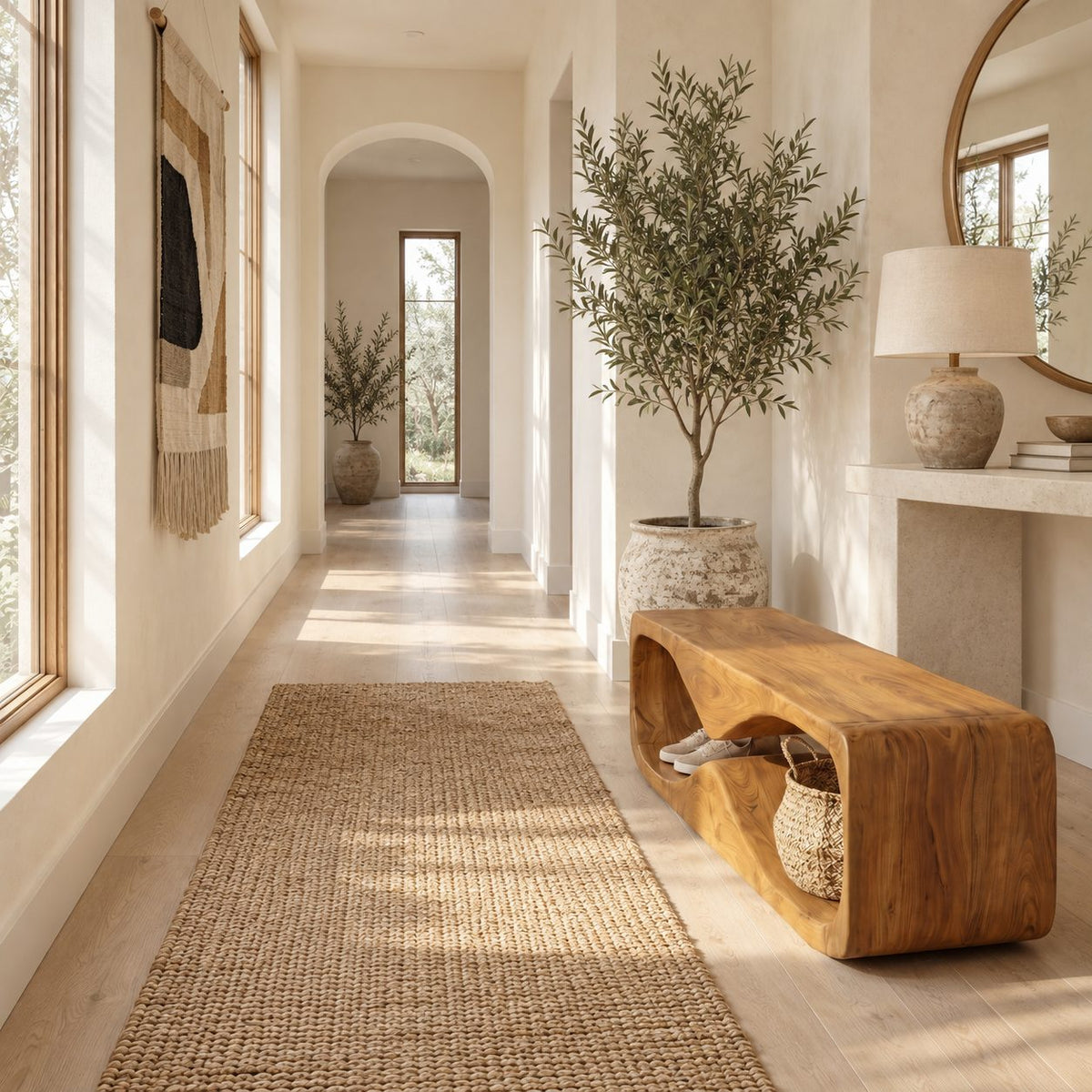 Wave Tunnel Block Bench, Sculpted Solid Wood Entryway Shoe Bench and End of Bed Bench with Open Base