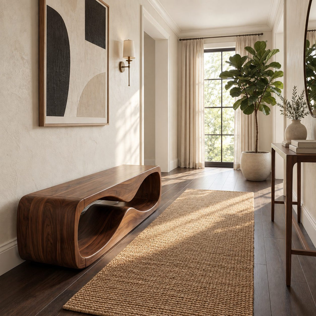 Wave Tunnel Block Bench, Sculpted Solid Wood Entryway Shoe Bench and End of Bed Bench with Open Base