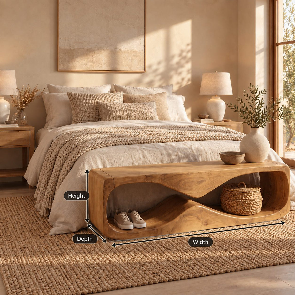 Wave Tunnel Block Bench, Sculpted Solid Wood Entryway Shoe Bench and End of Bed Bench with Open Base