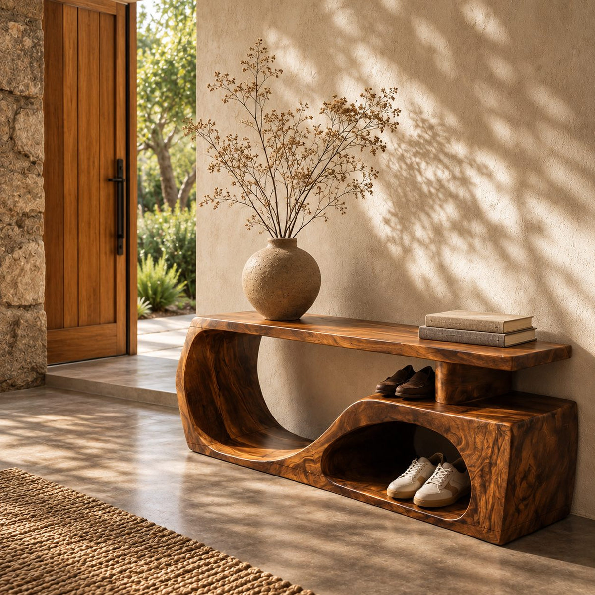 Floating Top S Curve Bench, Sculpted Solid Wood Entryway Shoe Bench with Open Carved Base