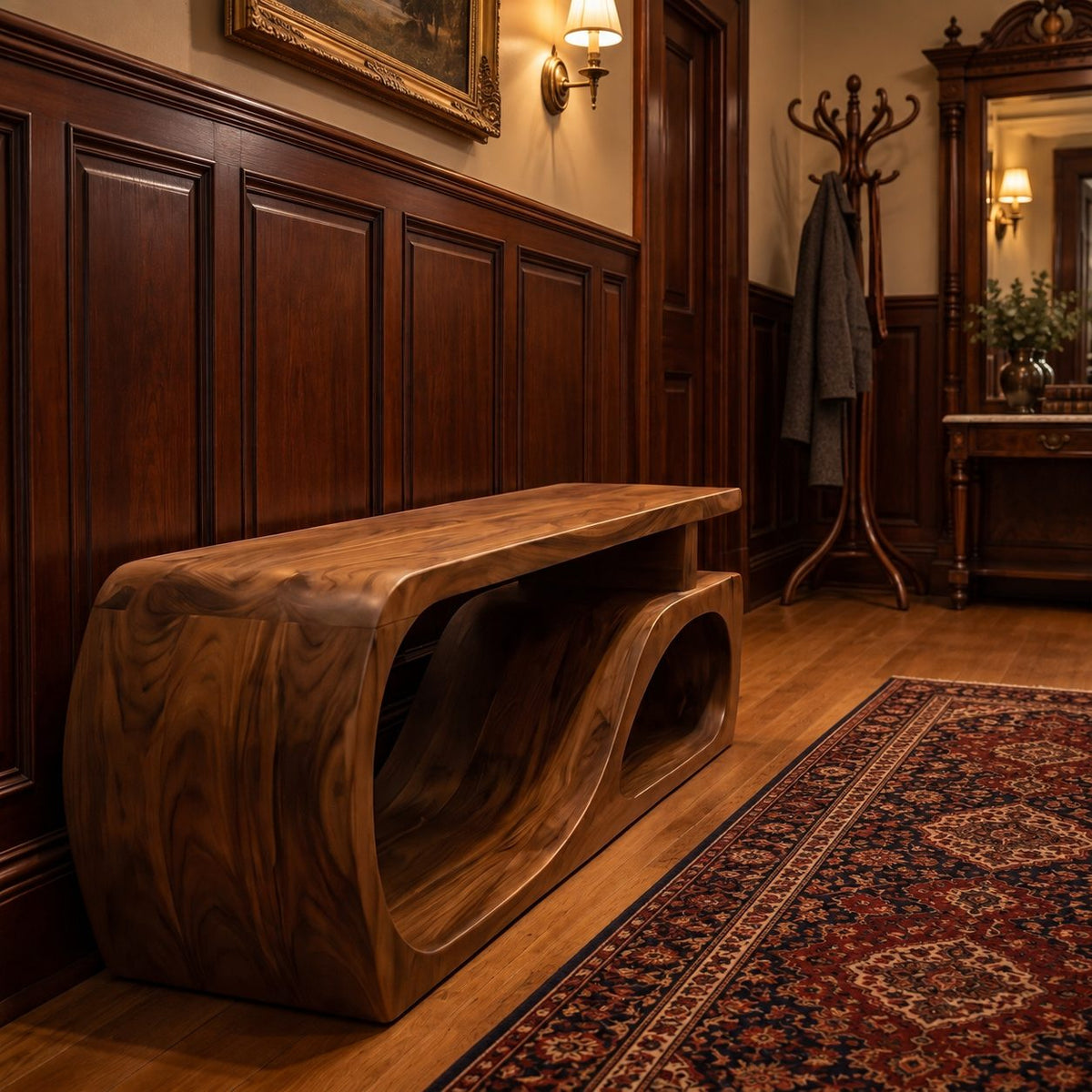 Floating Top S Curve Bench, Sculpted Solid Wood Entryway Shoe Bench with Open Carved Base