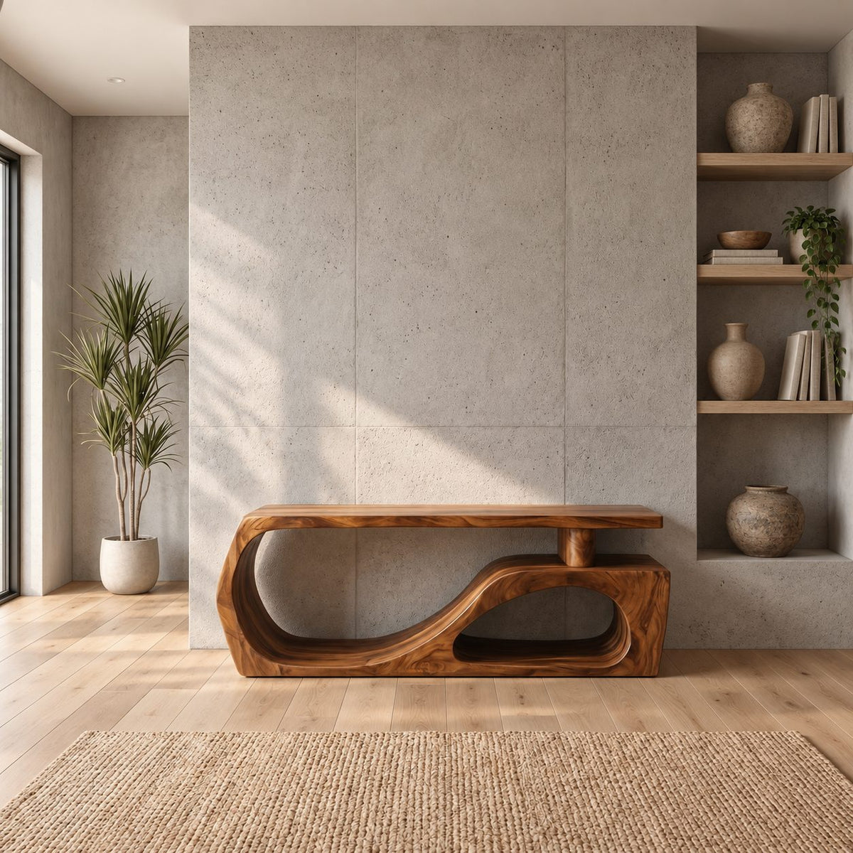Floating Top S Curve Bench, Sculpted Solid Wood Entryway Shoe Bench with Open Carved Base