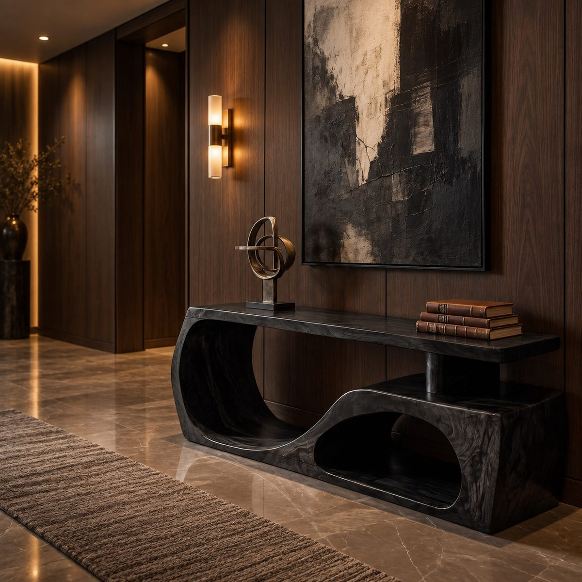 Floating Top S Curve Bench, Sculpted Solid Wood Entryway Shoe Bench with Open Carved Base