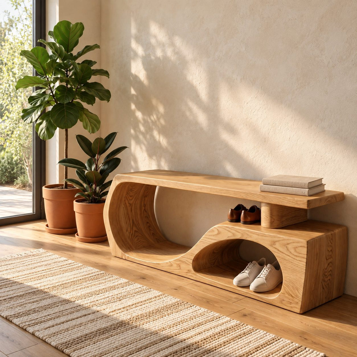 Floating Top S Curve Bench, Sculpted Solid Wood Entryway Shoe Bench with Open Carved Base