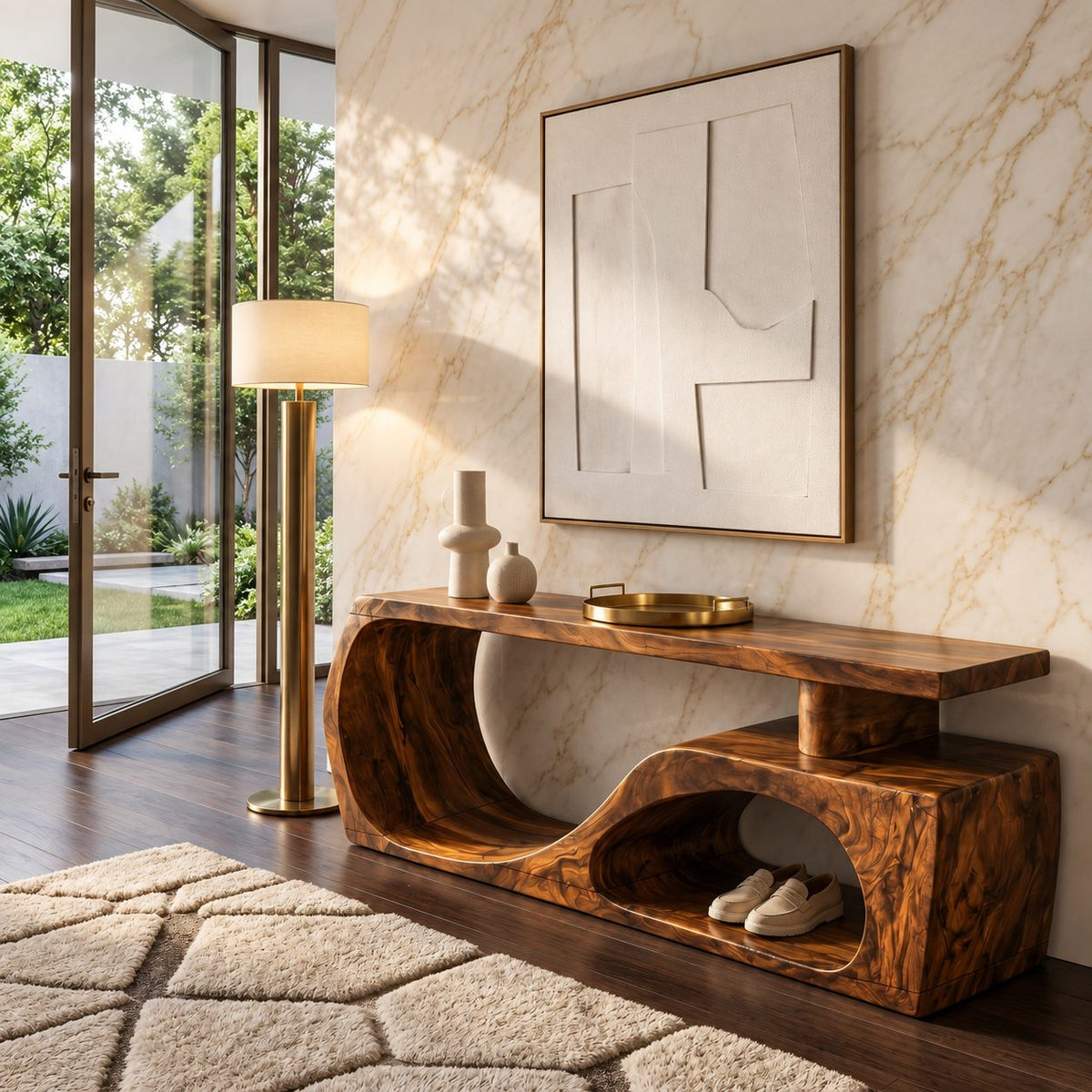 Floating Top S Curve Bench, Sculpted Solid Wood Entryway Shoe Bench with Open Carved Base