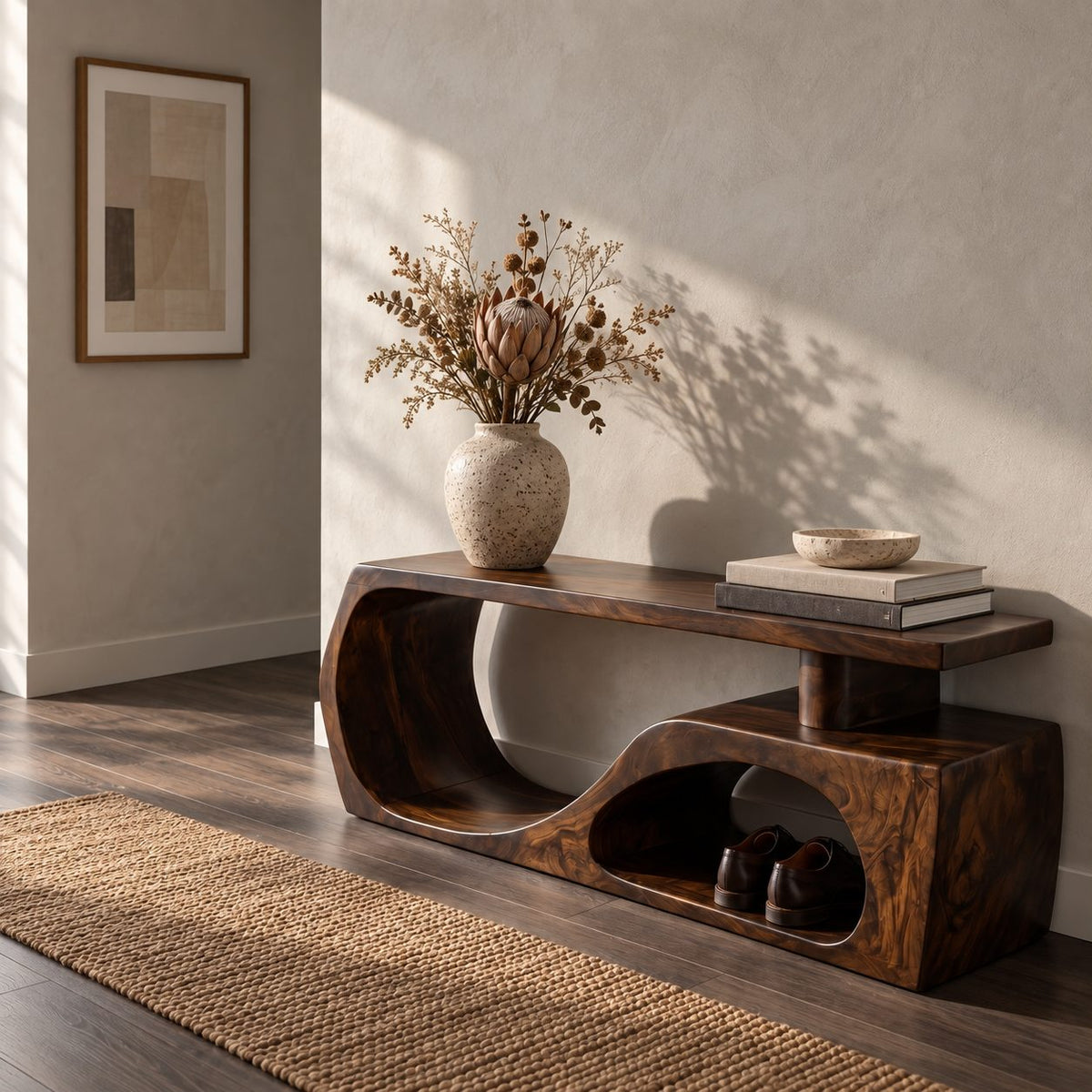 Floating Top S Curve Bench, Sculpted Solid Wood Entryway Shoe Bench with Open Carved Base