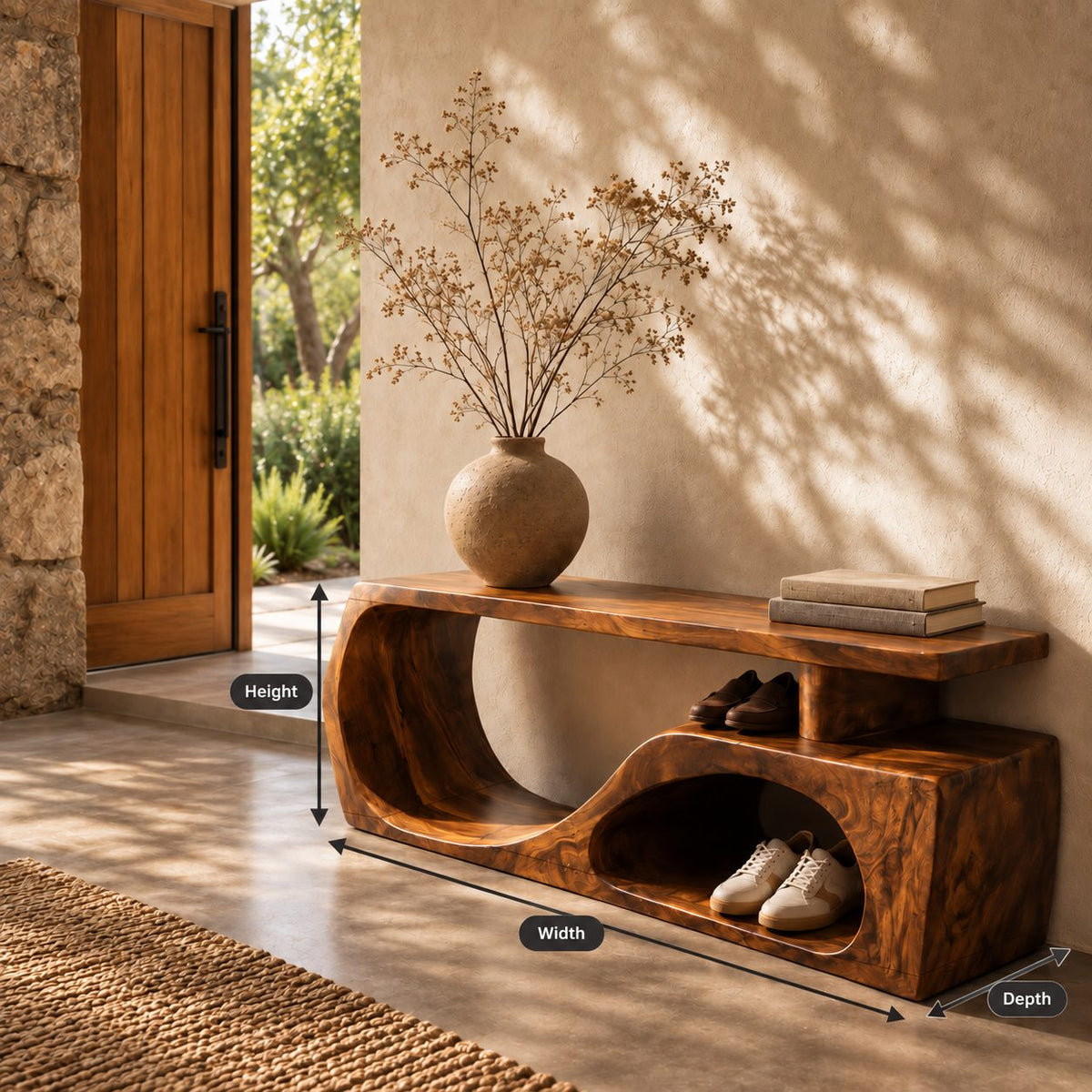 Floating Top S Curve Bench, Sculpted Solid Wood Entryway Shoe Bench with Open Carved Base