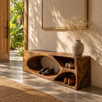 Oval Hollow Block Shoe Bench with Two Cubbies, Carved Solid Wood Modern Entryway Bench