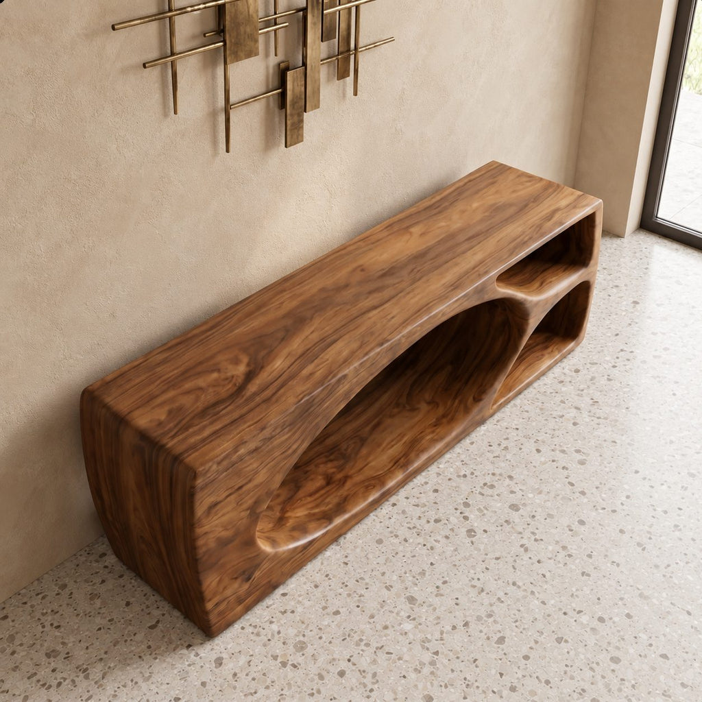 Oval Hollow Block Shoe Bench with Two Cubbies, Carved Solid Wood Modern Entryway Bench