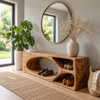 Oval Hollow Block Shoe Bench with Two Cubbies, Carved Solid Wood Modern Entryway Bench
