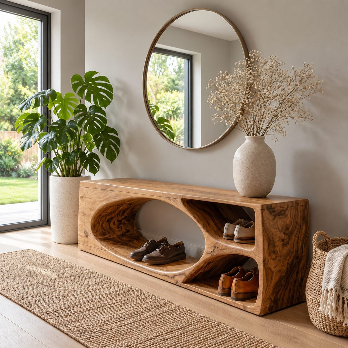 Oval Hollow Block Shoe Bench with Two Cubbies, Carved Solid Wood Modern Entryway Bench