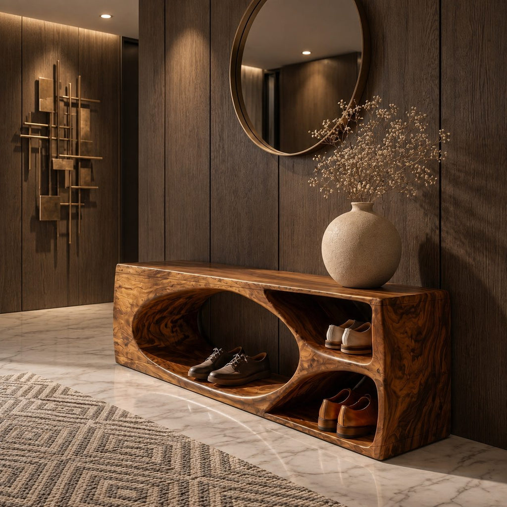 Oval Hollow Block Shoe Bench with Two Cubbies, Carved Solid Wood Modern Entryway Bench