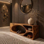 Oval Hollow Block Shoe Bench with Two Cubbies, Carved Solid Wood Modern Entryway Bench