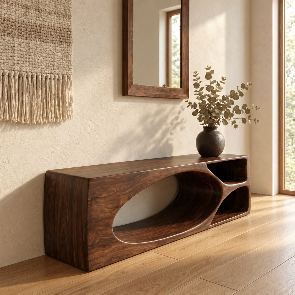 Oval Hollow Block Shoe Bench with Two Cubbies, Carved Solid Wood Modern Entryway Bench
