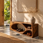 Oval Hollow Block Shoe Bench with Two Cubbies, Carved Solid Wood Modern Entryway Bench