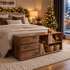 Rounded Edge Drawer and Cubby Storage Cabinet, Solid Wood End of Bed Chest with Open Shelves