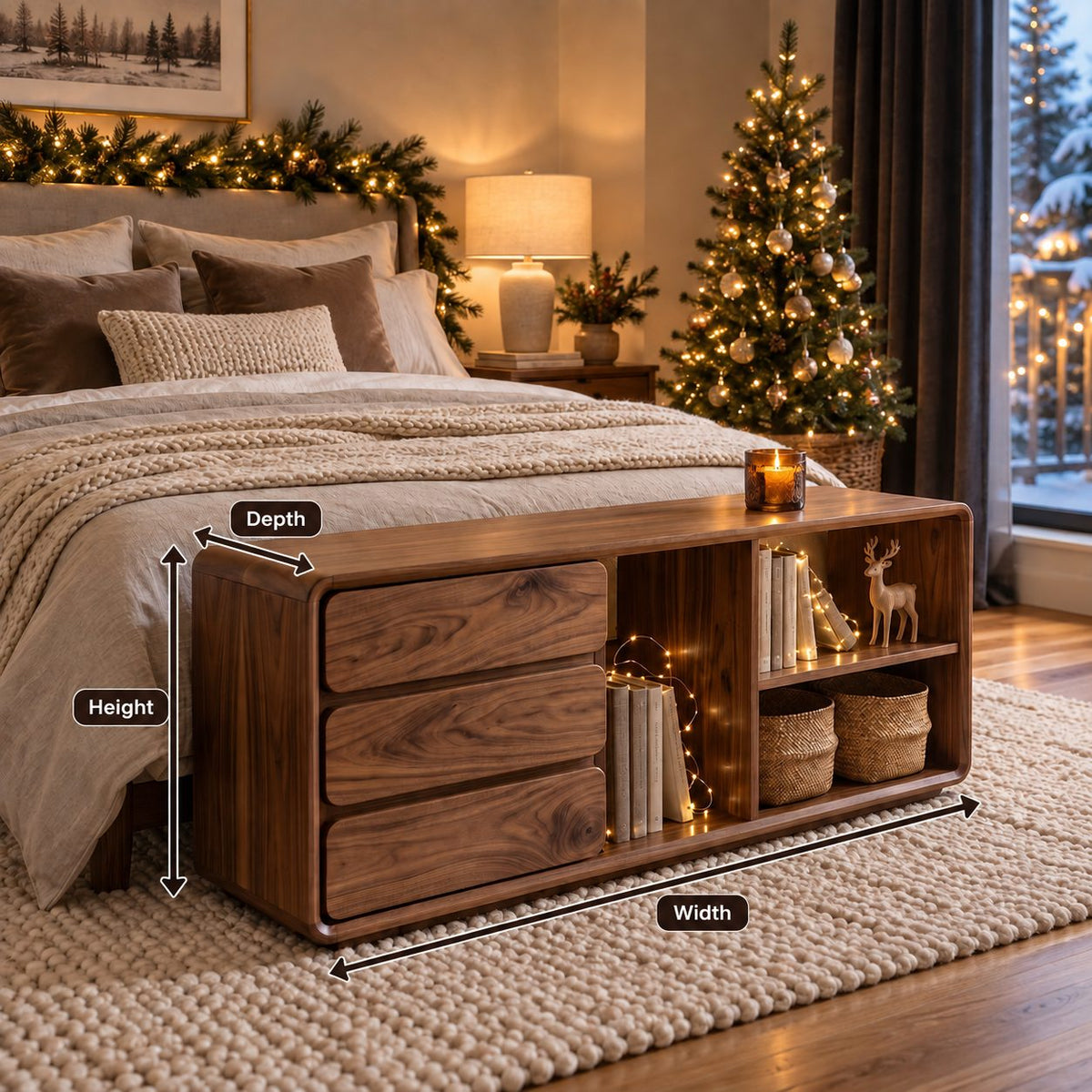 Rounded Edge Drawer and Cubby Storage Cabinet, Solid Wood End of Bed Chest with Open Shelves