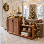 Louvered Door Storage Cabinet with Low Open Shelf Step, Solid Wood Two Door Sideboard