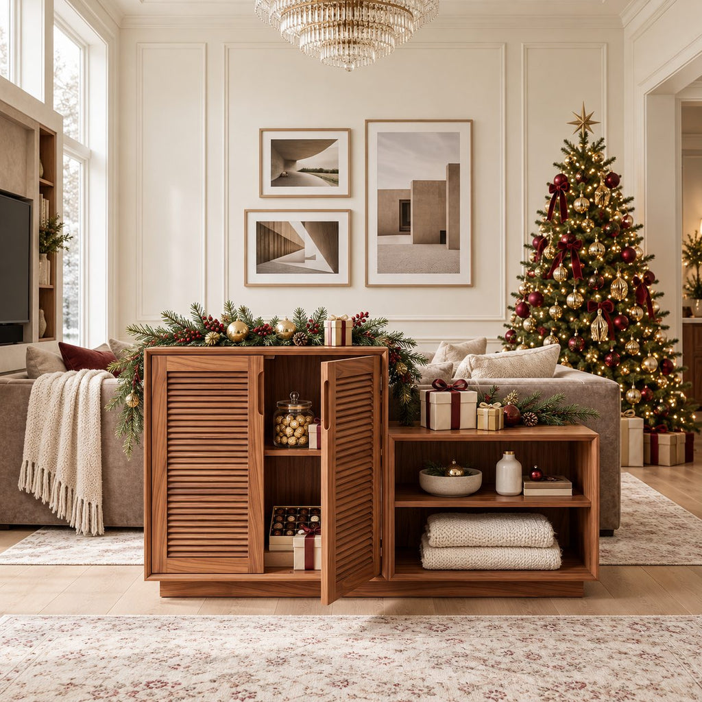 Louvered Door Storage Cabinet with Low Open Shelf Step, Solid Wood Two Door Sideboard